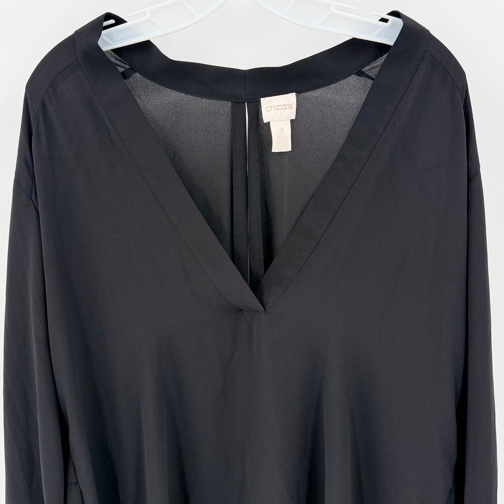 CHICO'S Black V Neck Chiffon Overlay Blouse Three Quarter Sleeve Top Size 3